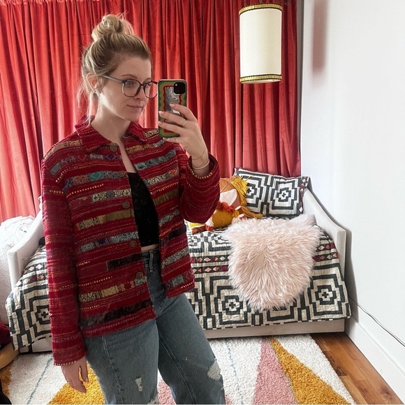 Vintage 00s Y2K Coldwater Creek Red Tweed Striped Shirt Jacket Shaket Petite M - Picture 2 of 5